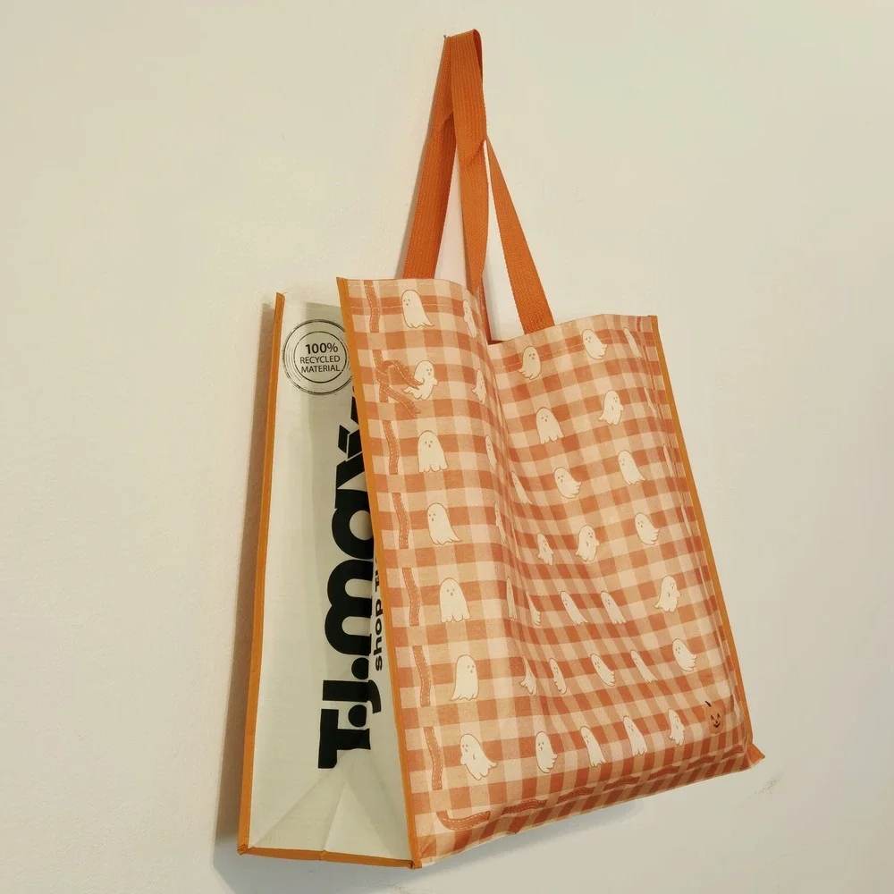 Halloween Ghosts Pumpkins Gingham Orange Ribbon Cream Shopping Bag TJMaxx New